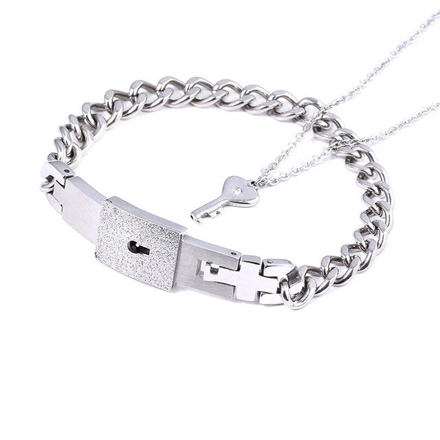 The Ultimate Connection Lock Set: Titanium Steel Love Lock Bracelet & Key Necklace for Couples/Best Friends