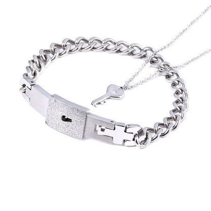 The Ultimate Connection Lock Set: Titanium Steel Love Lock Bracelet & Key Necklace for Couples/Best Friends