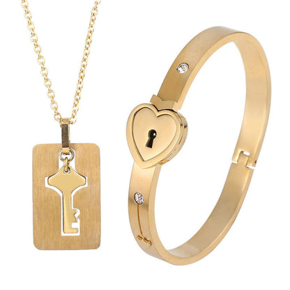 The Ultimate Connection Lock Set: Titanium Steel Love Lock Bracelet & Key Necklace for Couples/Best Friends
