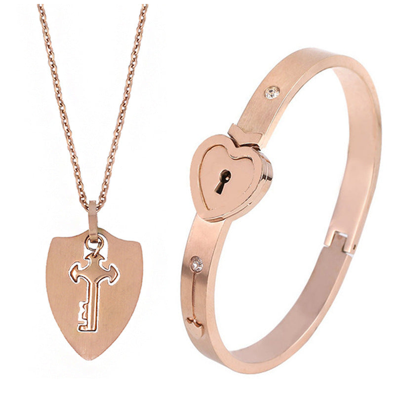The Ultimate Connection Lock Set: Titanium Steel Love Lock Bracelet & Key Necklace for Couples/Best Friends