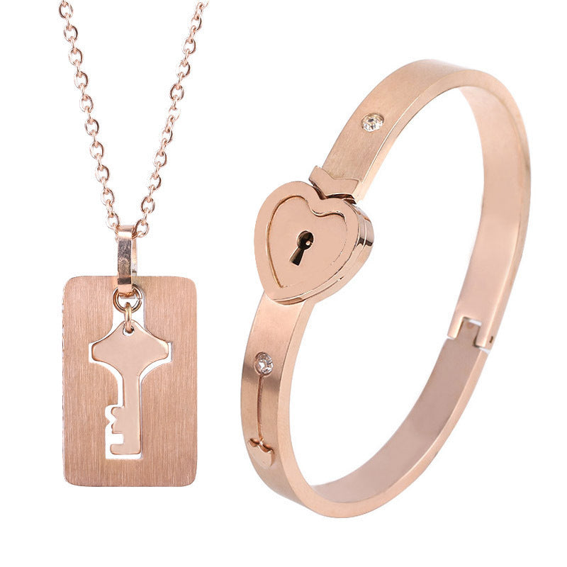 The Ultimate Connection Lock Set: Titanium Steel Love Lock Bracelet & Key Necklace for Couples/Best Friends