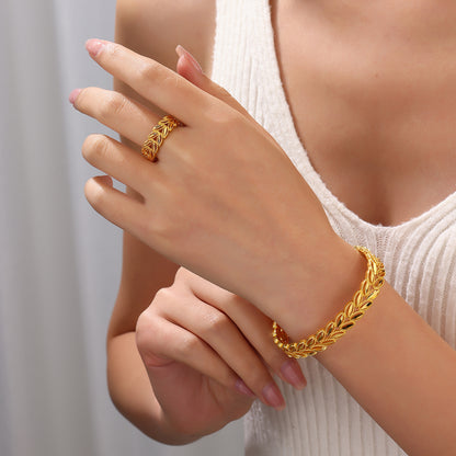 The Golden Harvest Leaf Set: 18k Gold Plated Wheat Ear Bracelet and Ring for Effortless Style