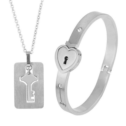 The Ultimate Connection Lock Set: Titanium Steel Love Lock Bracelet & Key Necklace for Couples/Best Friends