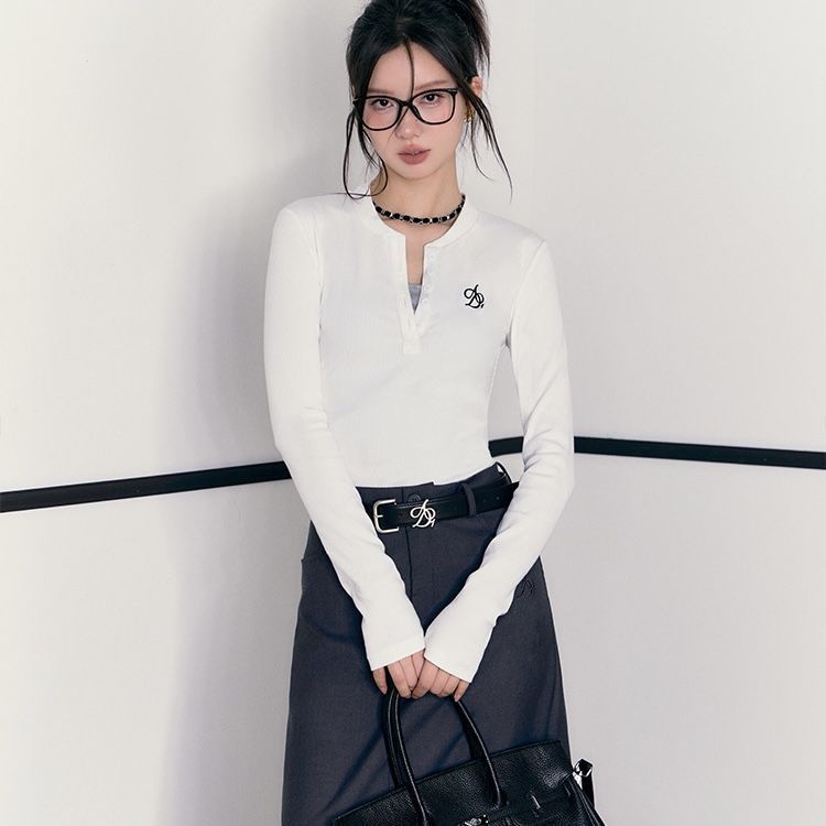 The Luxe Layer Slim Fit T-Shirt - Embroidered Long Sleeve Pullover with Buttons