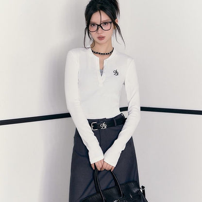 The Luxe Layer Slim Fit T-Shirt - Embroidered Long Sleeve Pullover with Buttons