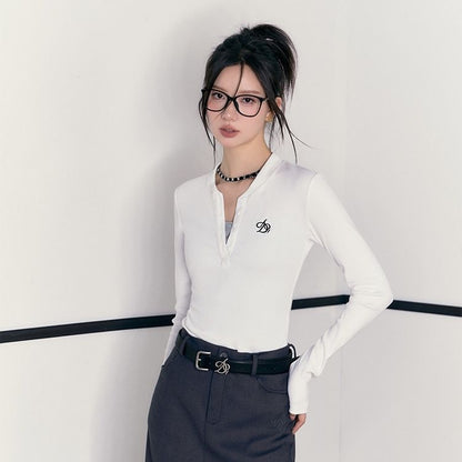 The Luxe Layer Slim Fit T-Shirt - Embroidered Long Sleeve Pullover with Buttons