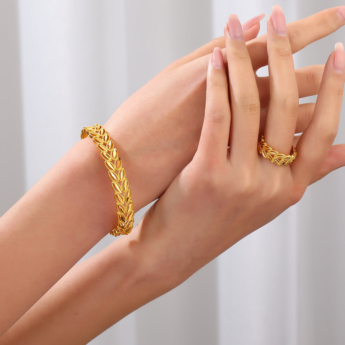 The Golden Harvest Leaf Set: 18k Gold Plated Wheat Ear Bracelet and Ring for Effortless Style