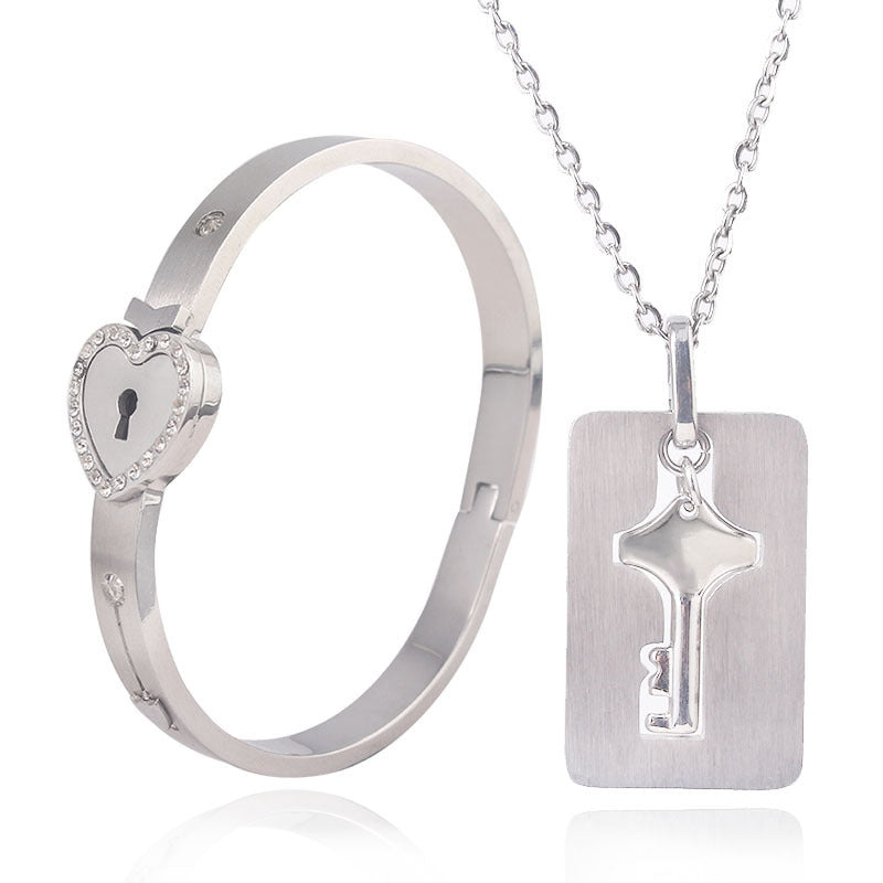 The Ultimate Connection Lock Set: Titanium Steel Love Lock Bracelet & Key Necklace for Couples/Best Friends