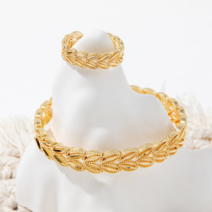 The Golden Harvest Leaf Set: 18k Gold Plated Wheat Ear Bracelet and Ring for Effortless Style