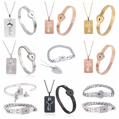 The Ultimate Connection Lock Set: Titanium Steel Love Lock Bracelet & Key Necklace for Couples/Best Friends