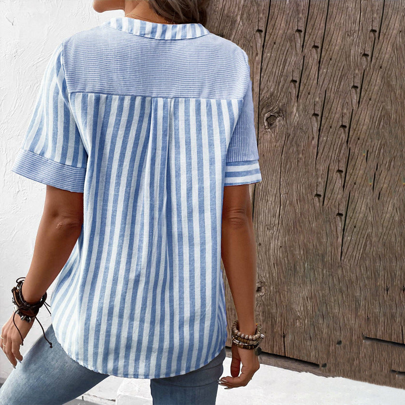 The Asymmetric V-Neck Blouse - Loose Fit Striped Patchwork Summer Top