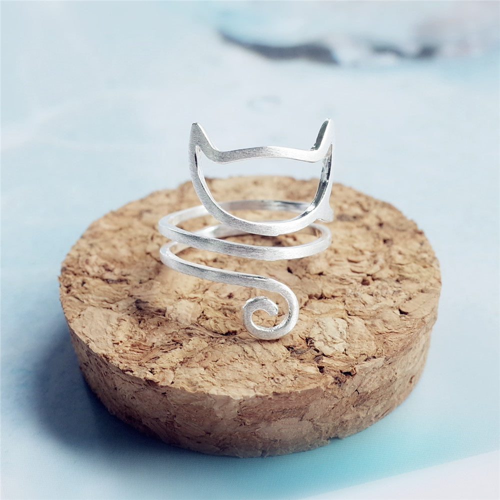 The Cozy Cat Cuddle Ring - S925 Silver Adjustable Open Animal Ring