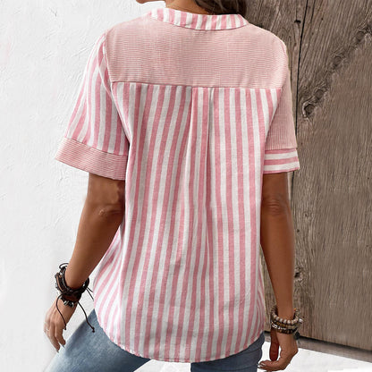 The Asymmetric V-Neck Blouse - Loose Fit Striped Patchwork Summer Top