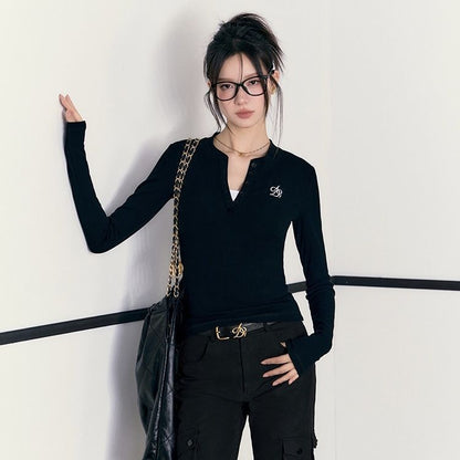 The Luxe Layer Slim Fit T-Shirt - Embroidered Long Sleeve Pullover with Buttons