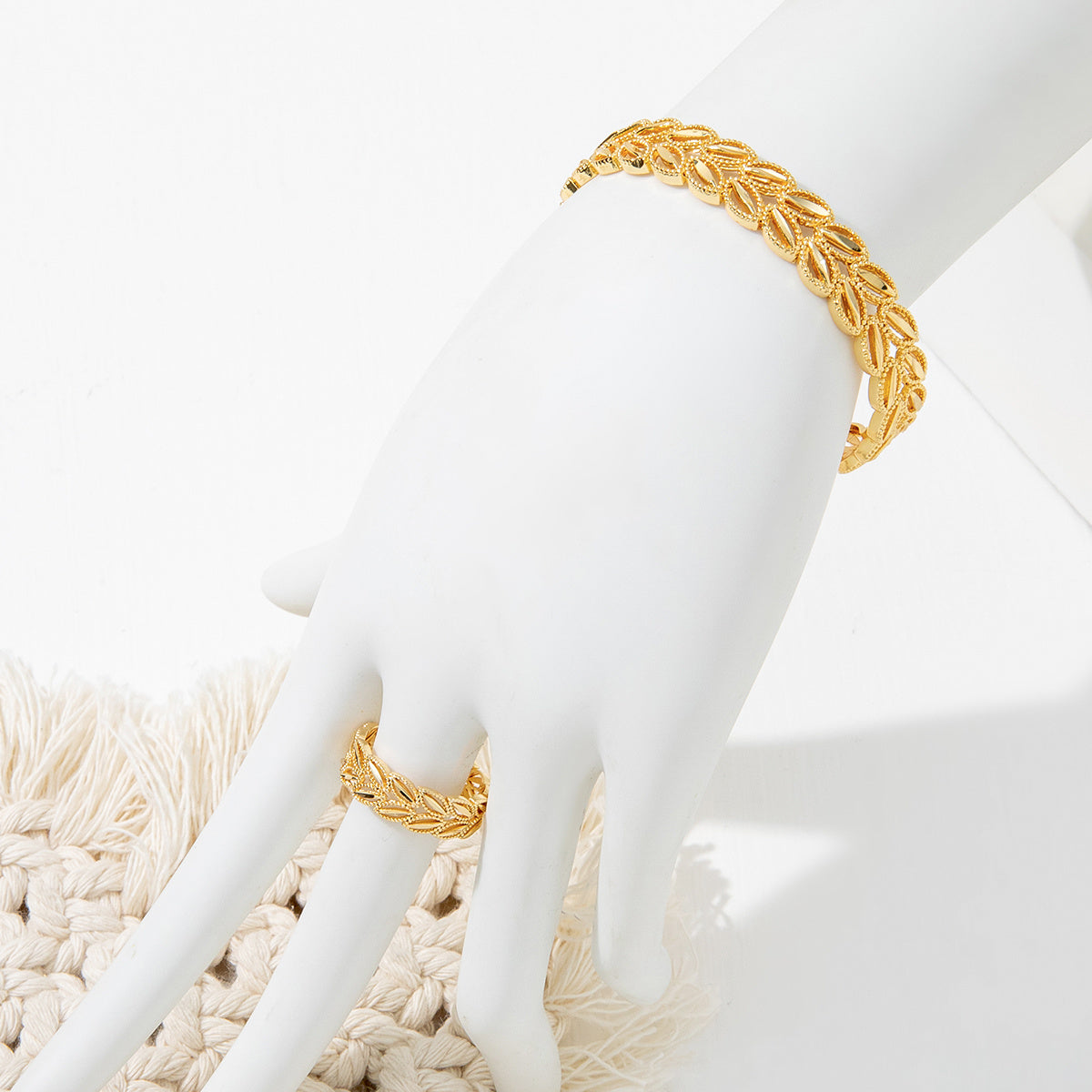 The Golden Harvest Leaf Set: 18k Gold Plated Wheat Ear Bracelet and Ring for Effortless Style
