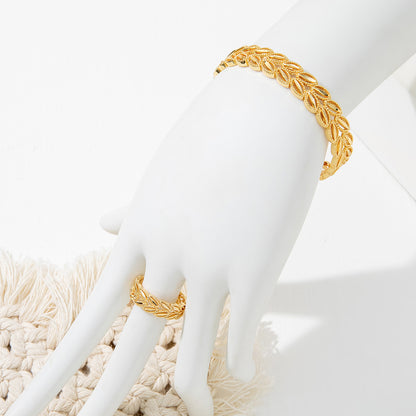 The Golden Harvest Leaf Set: 18k Gold Plated Wheat Ear Bracelet and Ring for Effortless Style