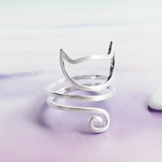 The Cozy Cat Cuddle Ring - S925 Silver Adjustable Open Animal Ring