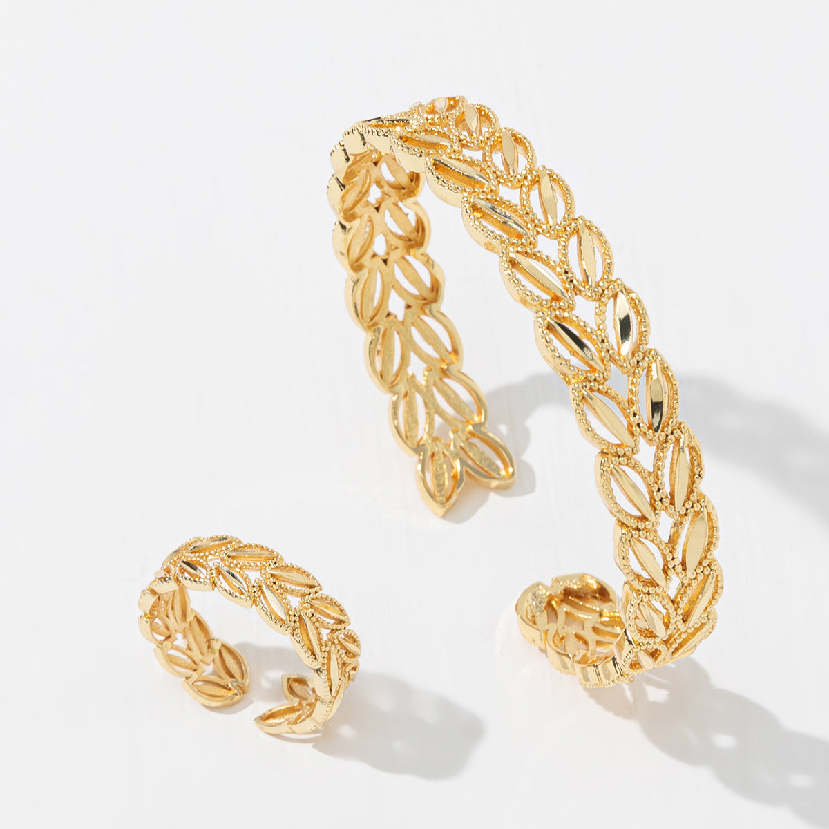 The Golden Harvest Leaf Set: 18k Gold Plated Wheat Ear Bracelet and Ring for Effortless Style