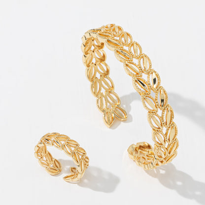 The Golden Harvest Leaf Set: 18k Gold Plated Wheat Ear Bracelet and Ring for Effortless Style