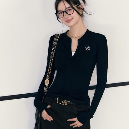 The Luxe Layer Slim Fit T-Shirt - Embroidered Long Sleeve Pullover with Buttons