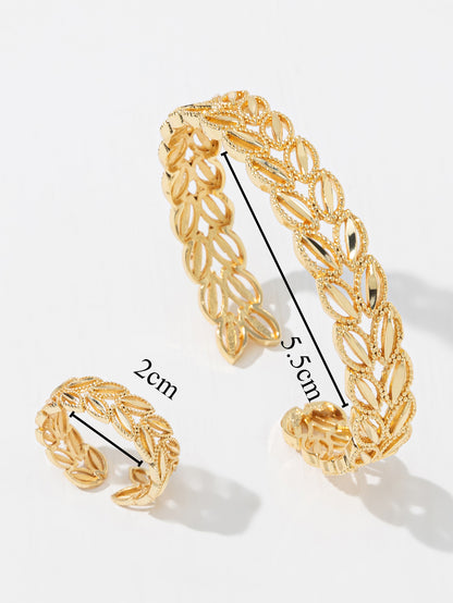 The Golden Harvest Leaf Set: 18k Gold Plated Wheat Ear Bracelet and Ring for Effortless Style