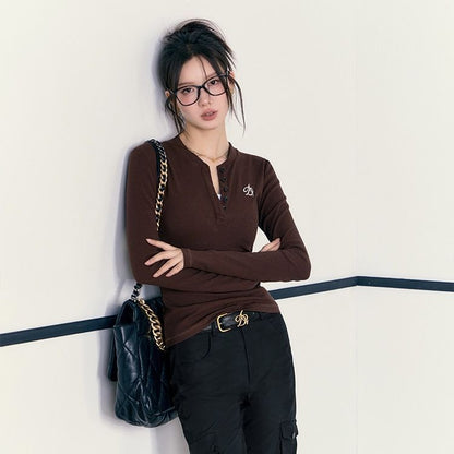 The Luxe Layer Slim Fit T-Shirt - Embroidered Long Sleeve Pullover with Buttons